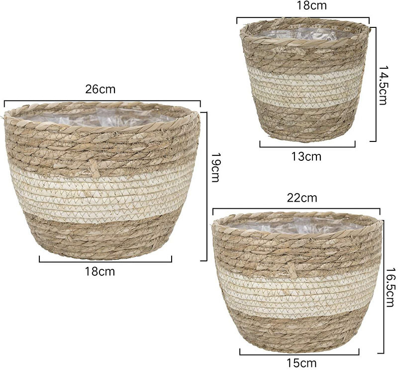 Decorative plant baskets made of seagrass in a set of 3 – Handwoven flower pots with foil insert