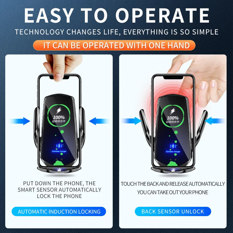 2-in-1 Wireless Car Charger & Phone Holder Automatic Clamping - Fast Charging Secure Universal Compatibility Adjustable & Practical