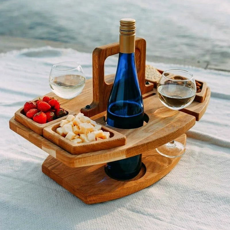 Compact picnic table with wooden bottle holder