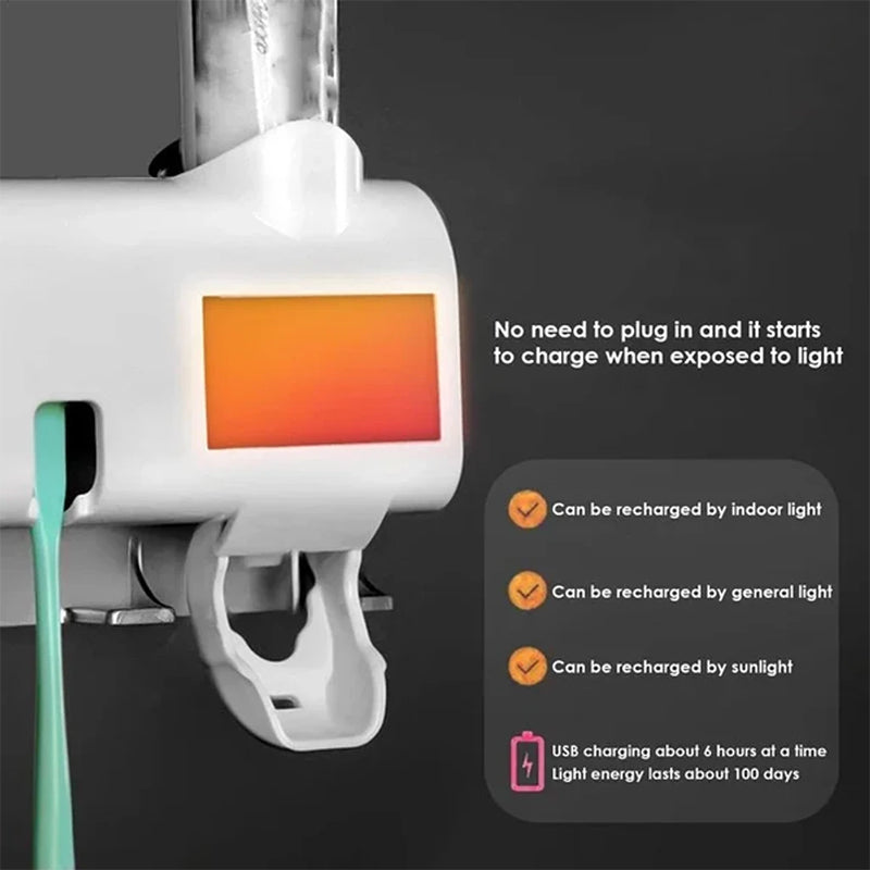 Smart UV Light Sterilizer Toothbrush Holder, Wall Mounted Toothpaste Dispenser