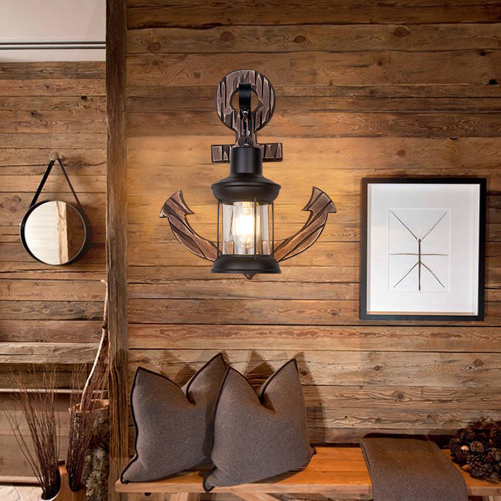 Rustic Wood Anchor Wall Lamp with Lantern