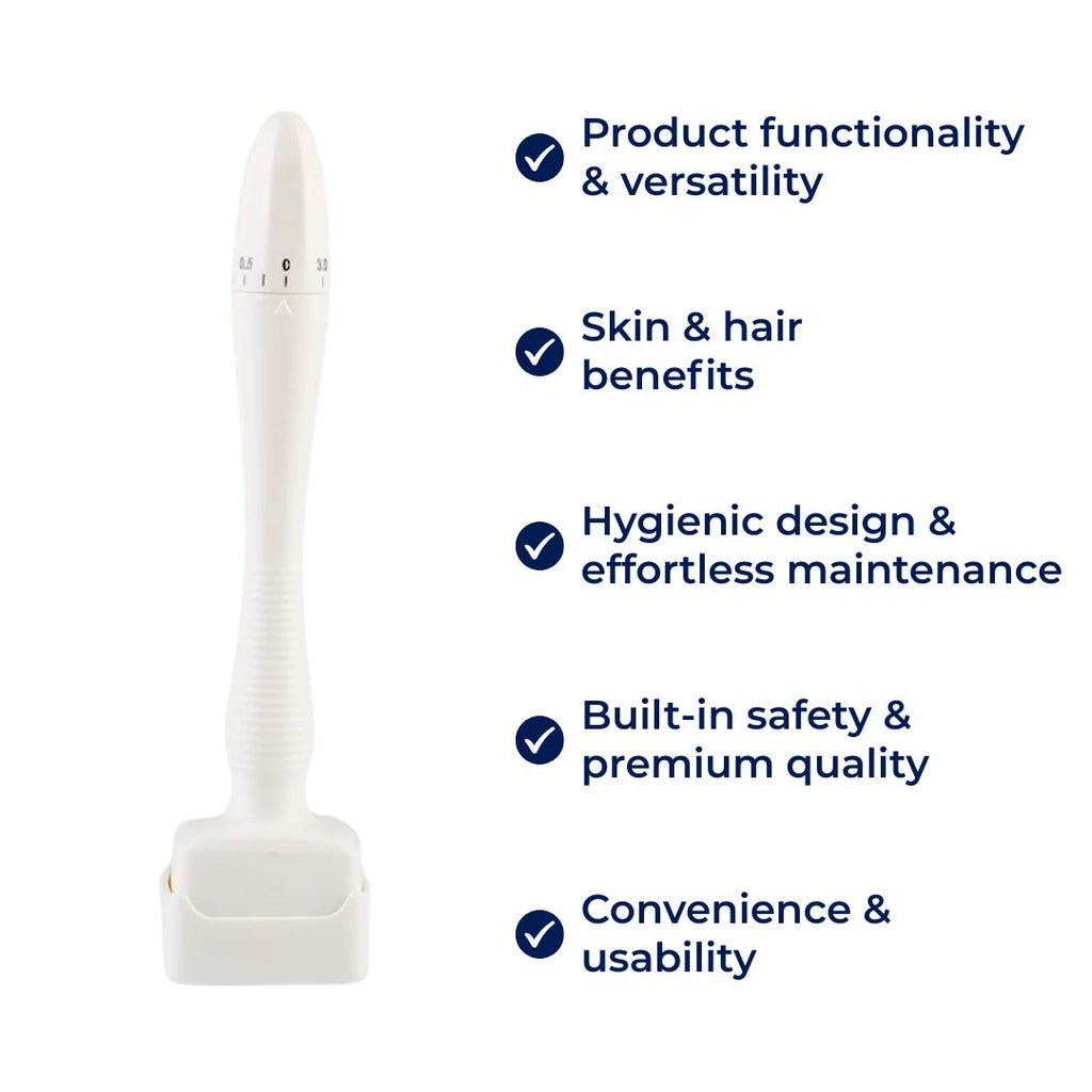 RevitaGlow | Microneedling Derma Stamp – Adjustable Depth – 140 Needles – Skin & Hair Rejuvenation