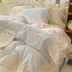 Gingham Check Ruffled Edges Bedding Set