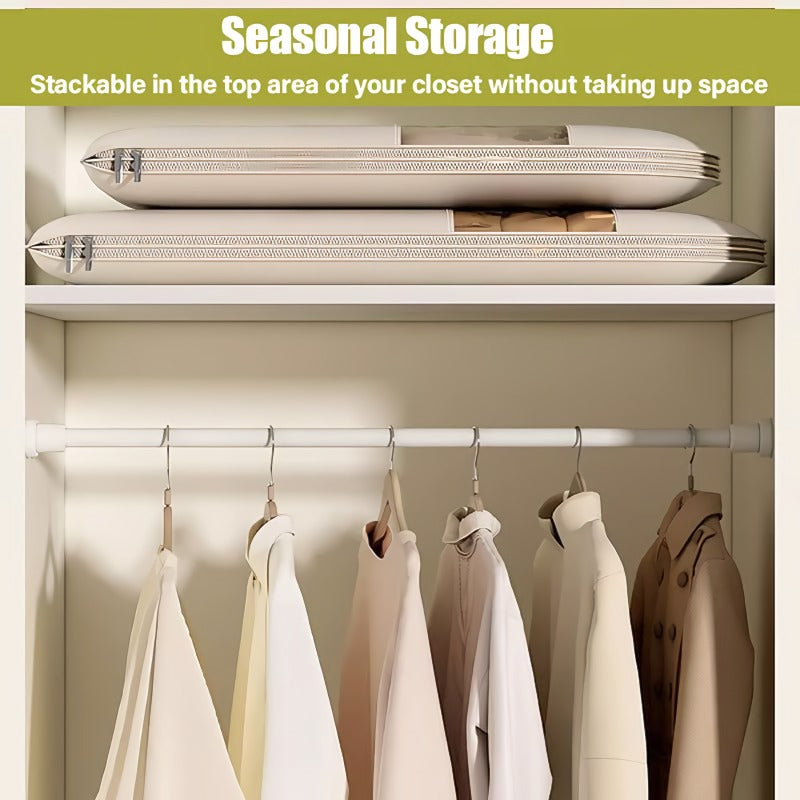 Space saving hanging garment bag with self-compressing zipper