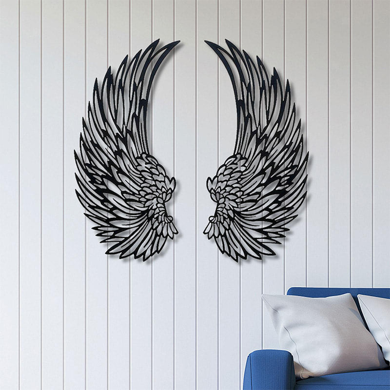 Metal wall art with angel wings and LED lights