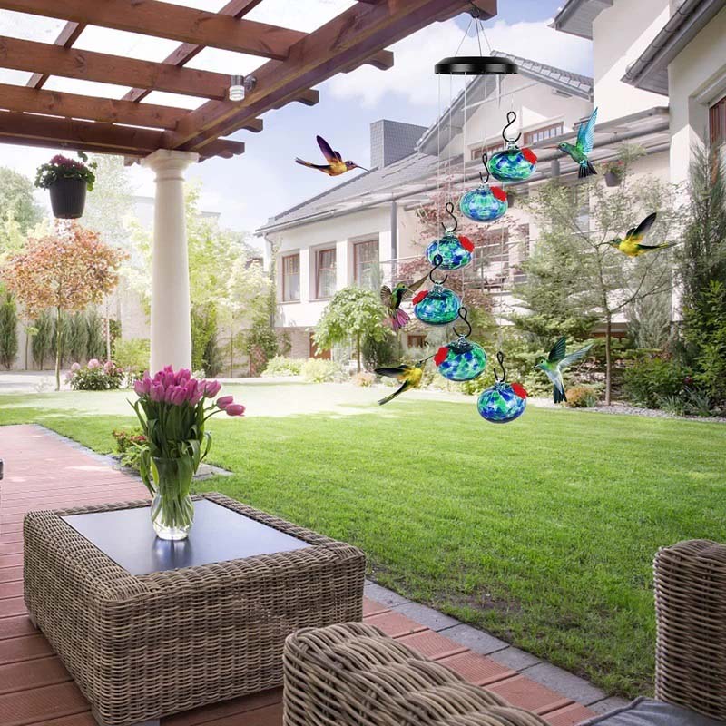 ChimeFeeder handcrafted glass hummingbird feeder with wind chime