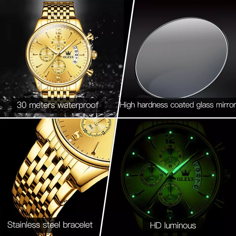 Luxury Gold Three-Eye Chronograph Dial Automatic Mechanical Watch