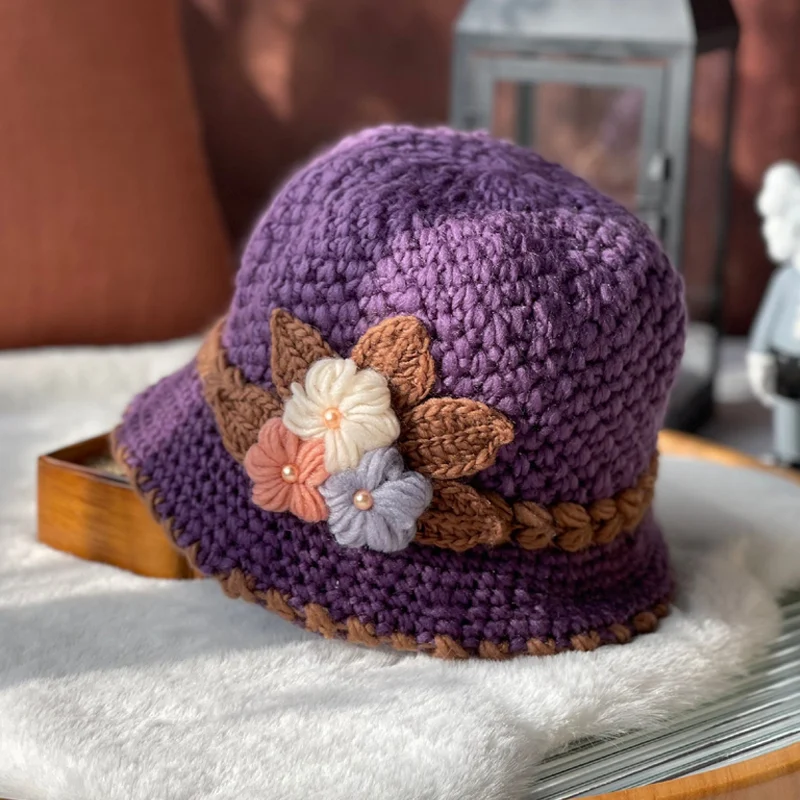 French Thick Women's Flower Knit Wool Hat