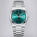 Stainless Steel Watch with Emerald Green Dial and Day-Date Display