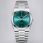 Stainless Steel Watch with Emerald Green Dial and Day-Date Display