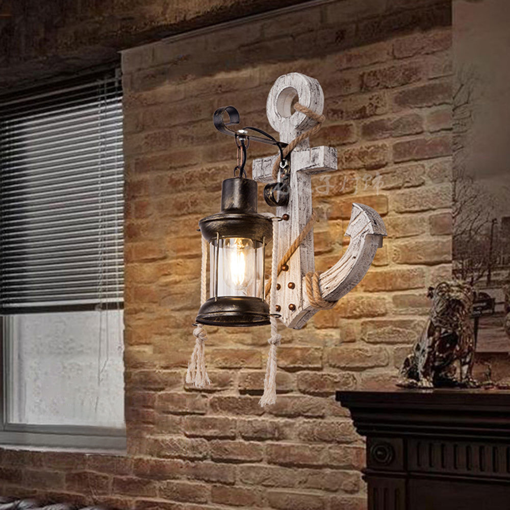 Rustic Wood Anchor Wall Lamp with Lantern