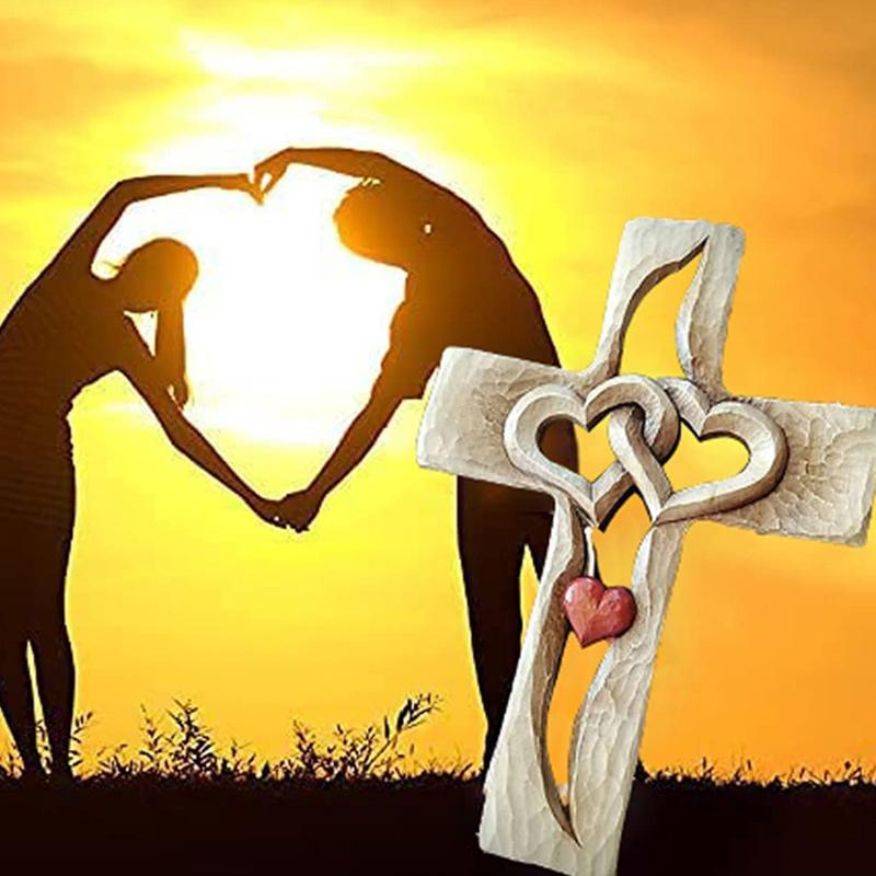 Hand-carved wooden cross - Intertwined hearts