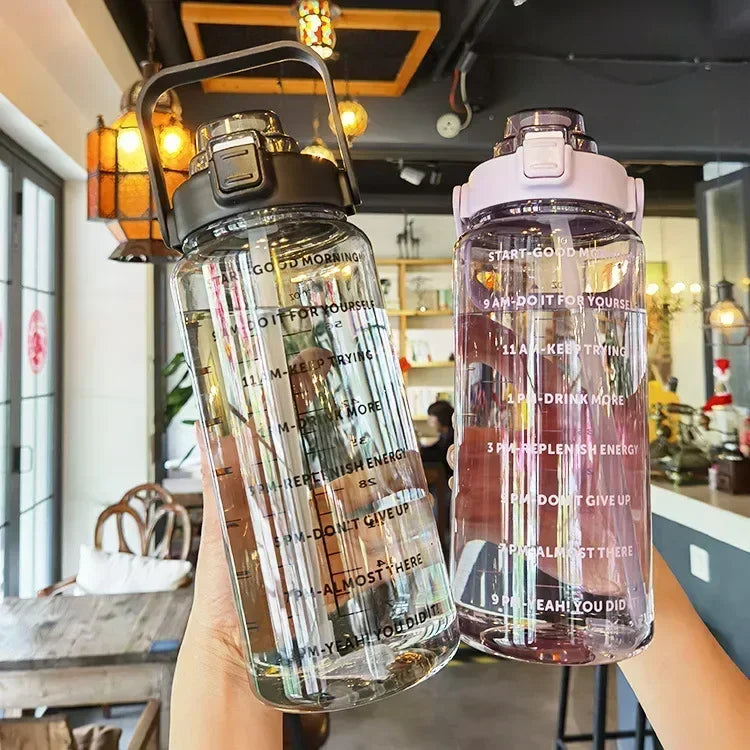 2L Portable Sports Water Bottle with Straw and Time Markings