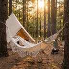 200x150cm Double Outdoor Camping Fringe Canvas Hammock with Pole (White)