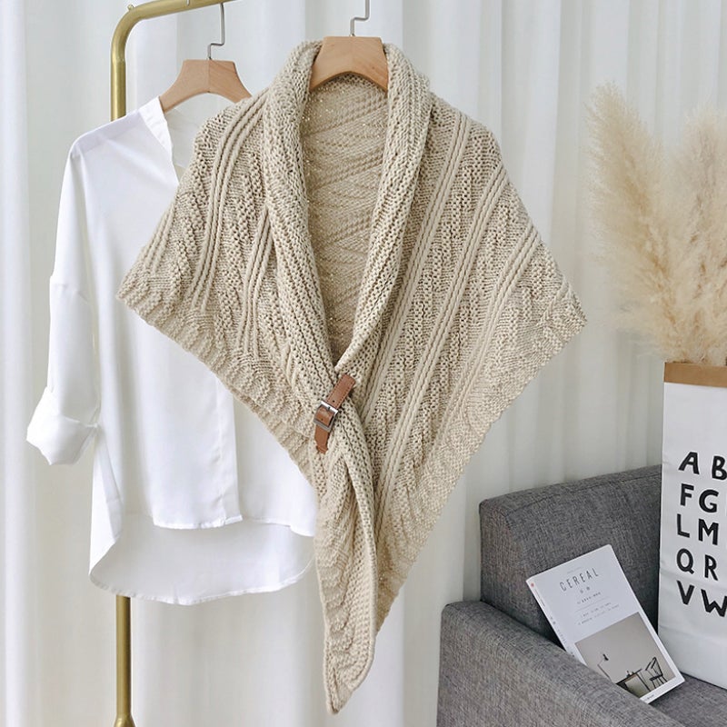 Triangular Knit Scarf with Leather Loop