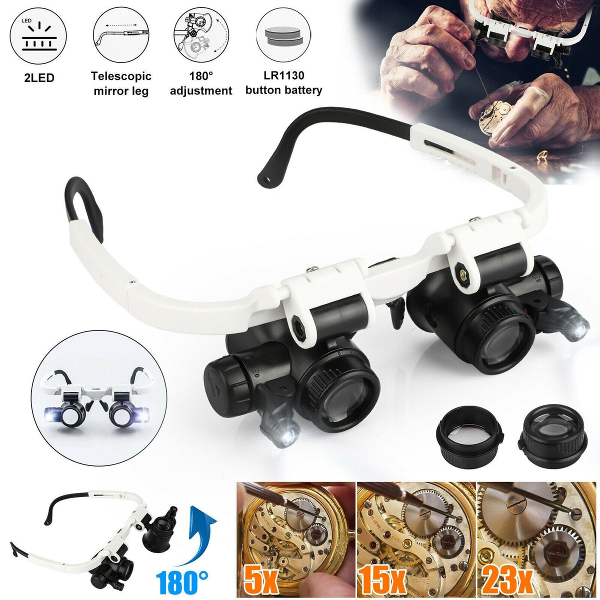 Headband Head Enlarger 8 Lenses LED Light Jeweler Glasses