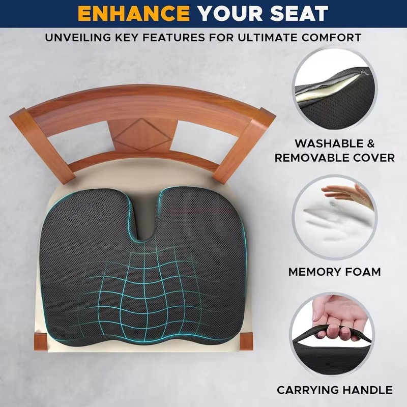 Ergonomic Memory Foam Seat Cushion with Breathable Cover for Office and Car