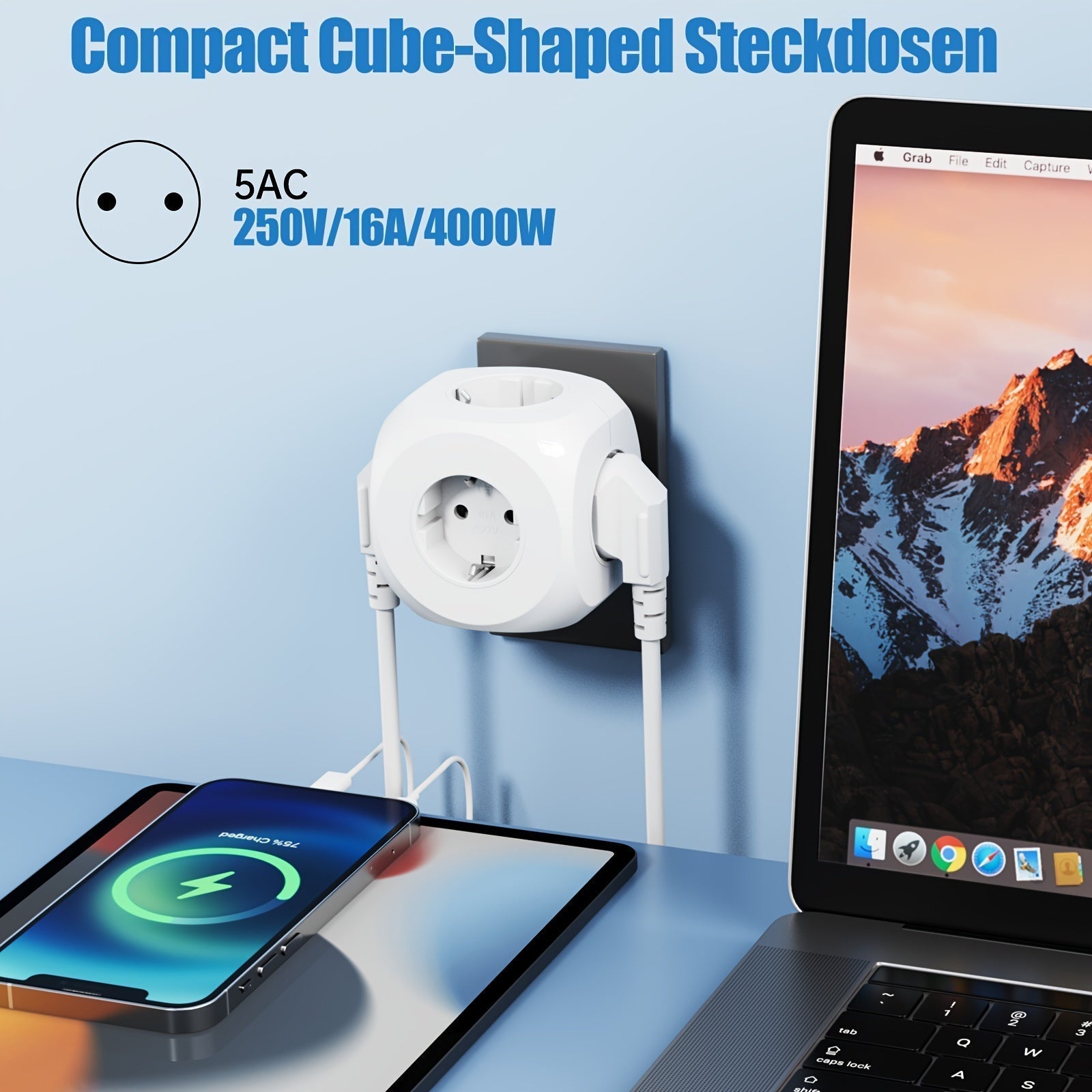 Compact Portable Power Plug Cube with 5 Electric Outlets – Lightweight and Safe for Home, Office, and Travel