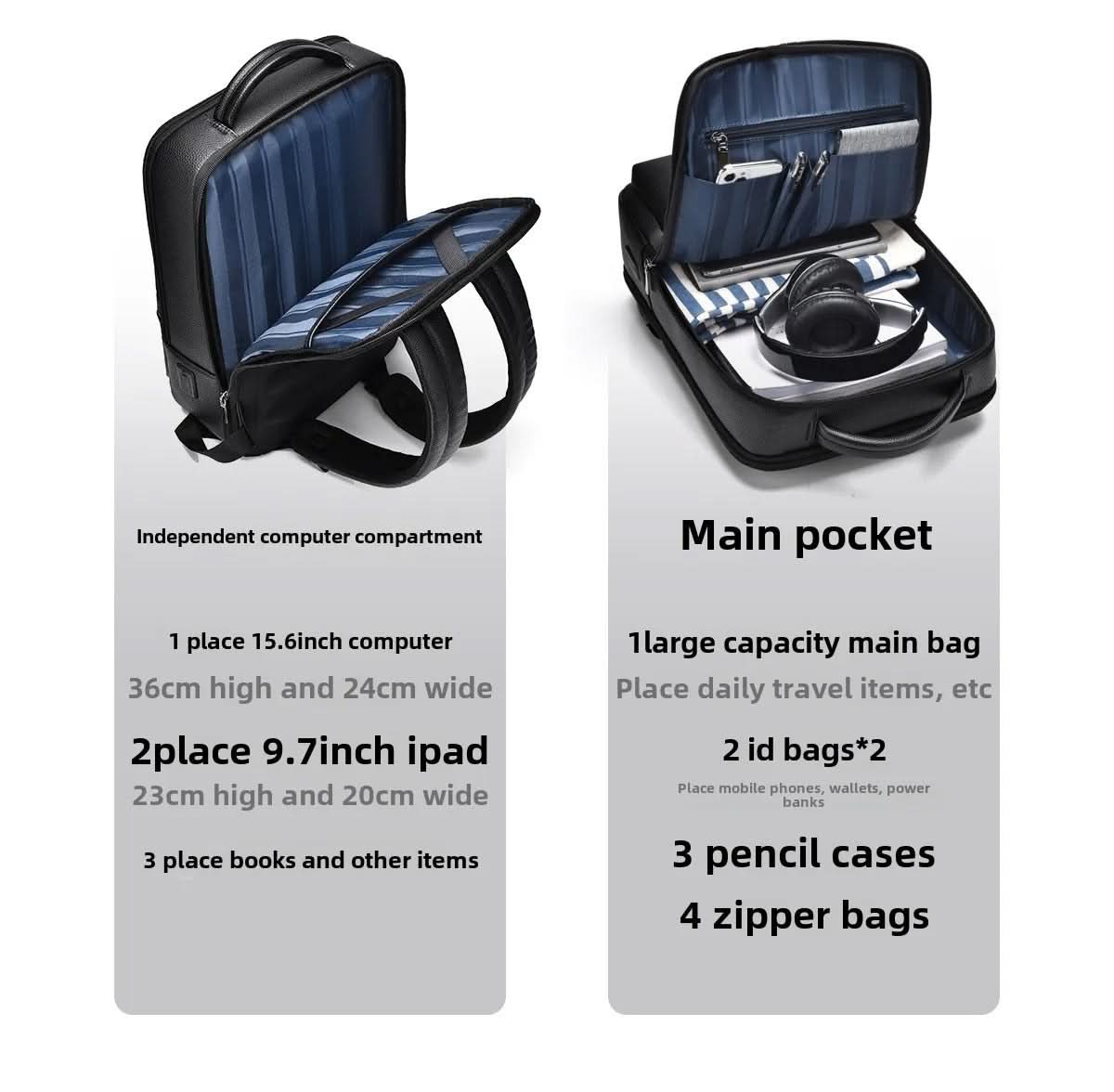 Elegant leather rucksack for men/women with USB port for laptop and everyday use, 15.6 inch, black