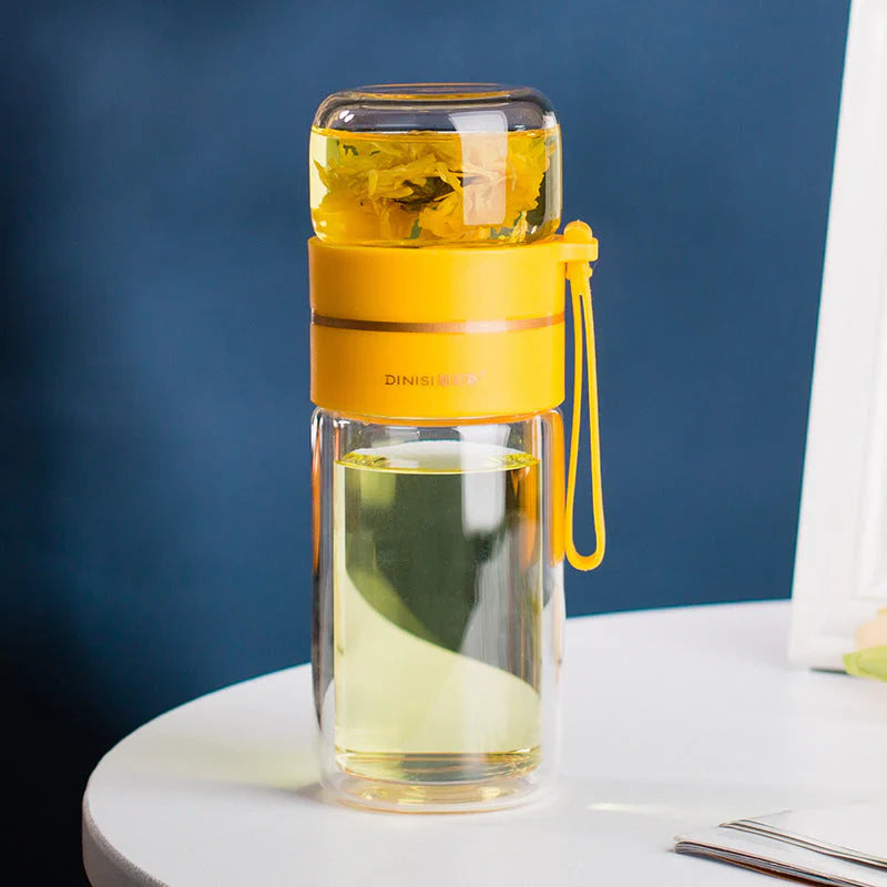 Double-walled glass bottle with tea strainer and infuser