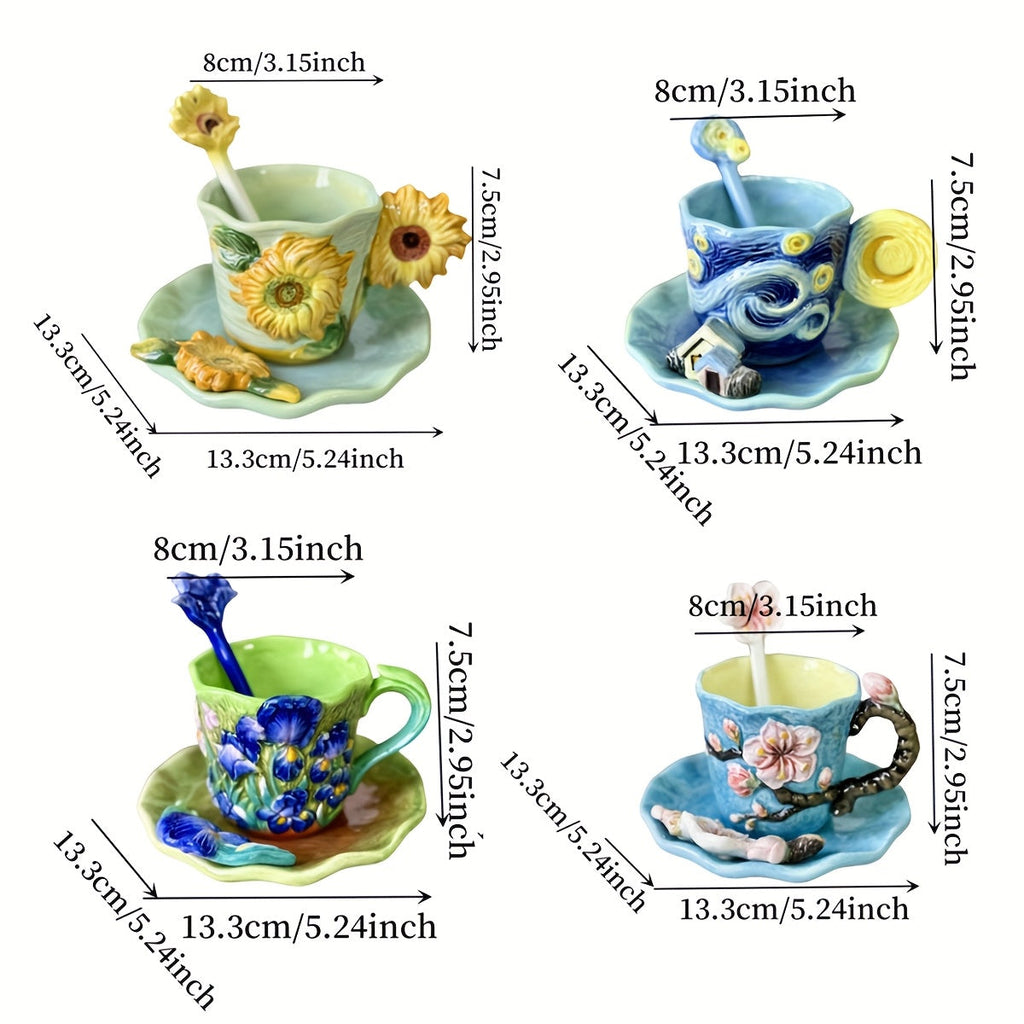 ArtSip Ceramic Cup & Saucer Set – Hand-painted 3D Design inspired by Van Gogh