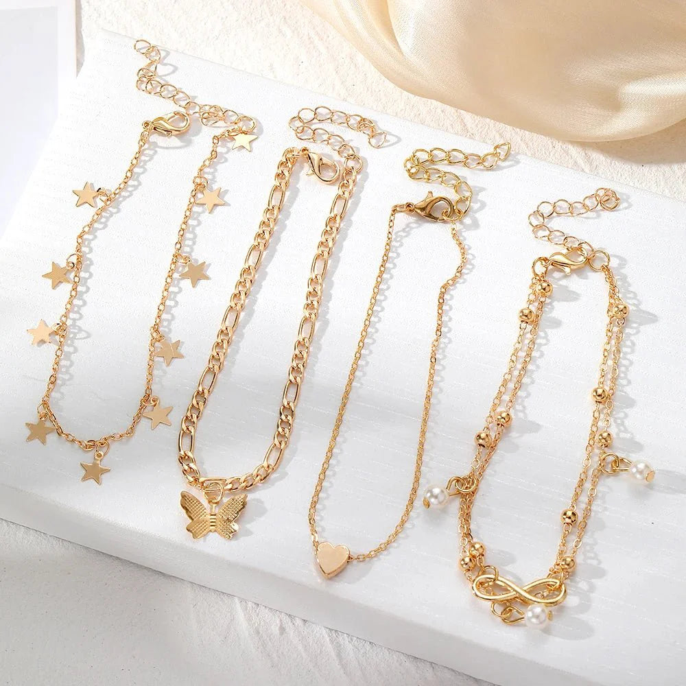 5pcs Dainty Feminine Anklet Set (Stars, Heart, Butterfly, Infinity, Pearls)