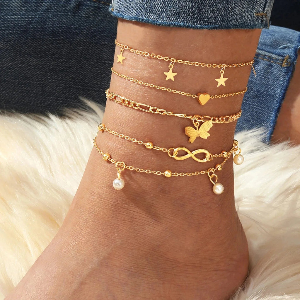 5pcs Dainty Feminine Anklet Set (Stars, Heart, Butterfly, Infinity, Pearls)