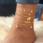 5pcs Dainty Feminine Anklet Set (Stars, Heart, Butterfly, Infinity, Pearls)