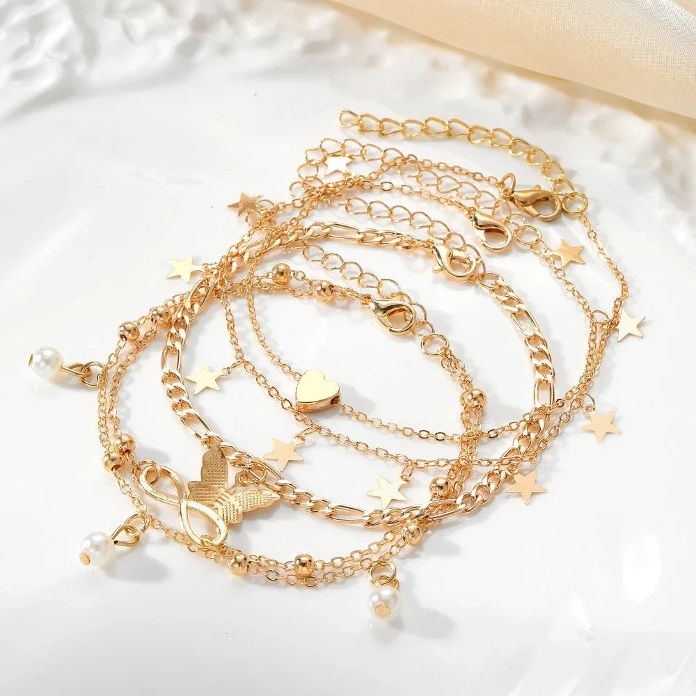 5pcs Dainty Feminine Anklet Set (Stars, Heart, Butterfly, Infinity, Pearls)