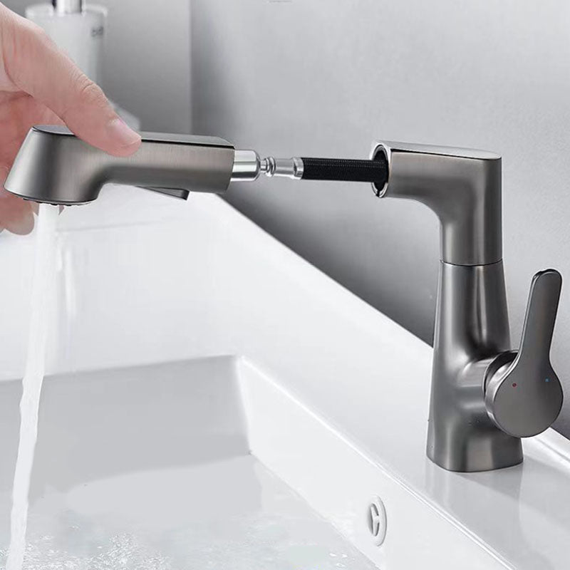Modern Sink Faucet Lever Handle Copper Low Arc Pull-Out Sink Faucet