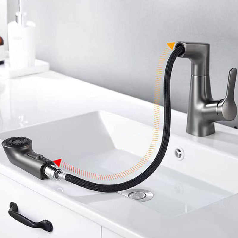 Modern Sink Faucet Lever Handle Copper Low Arc Pull-Out Sink Faucet