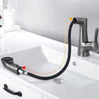 Modern Sink Faucet Lever Handle Copper Low Arc Pull-Out Sink Faucet