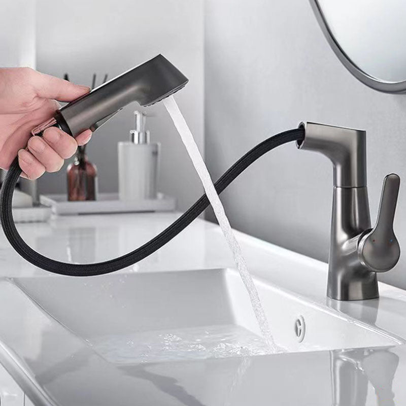 Modern Sink Faucet Lever Handle Copper Low Arc Pull-Out Sink Faucet