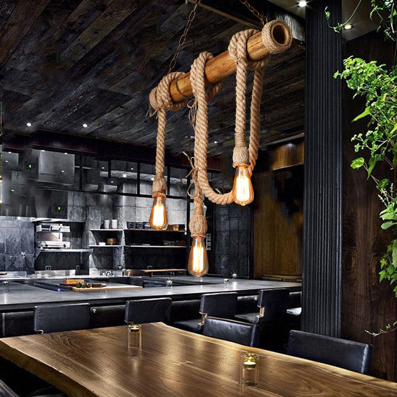 Industrial Adjustable Ceiling Lamp made of Bamboo with Rope