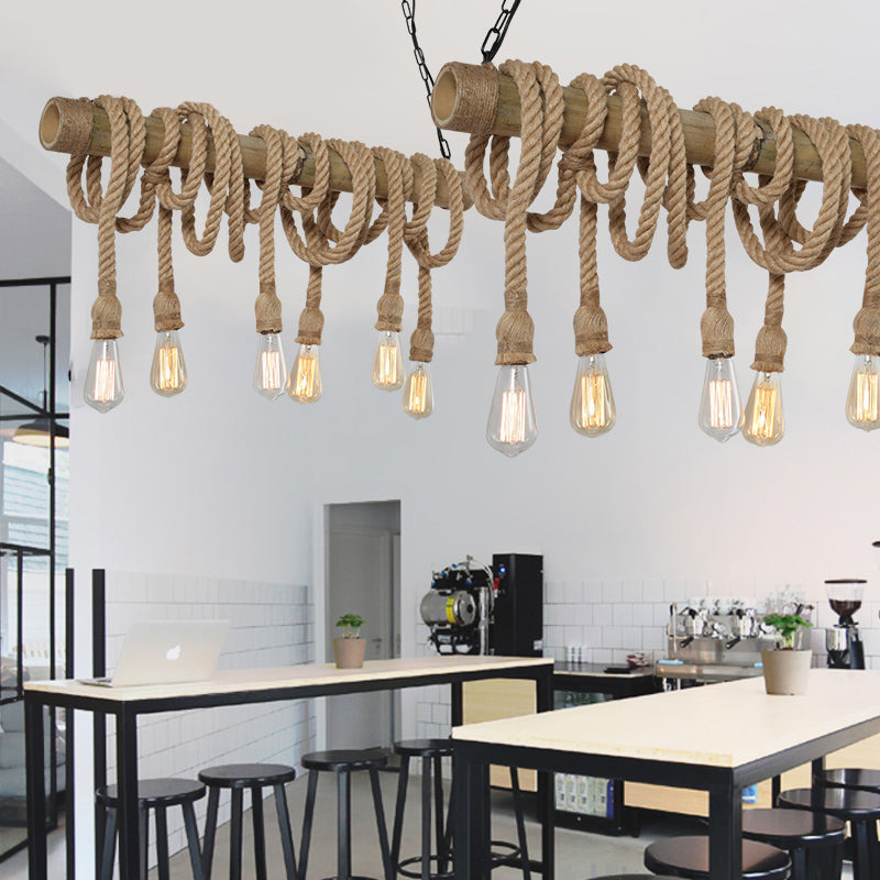 Industrial Adjustable Ceiling Lamp made of Bamboo with Rope