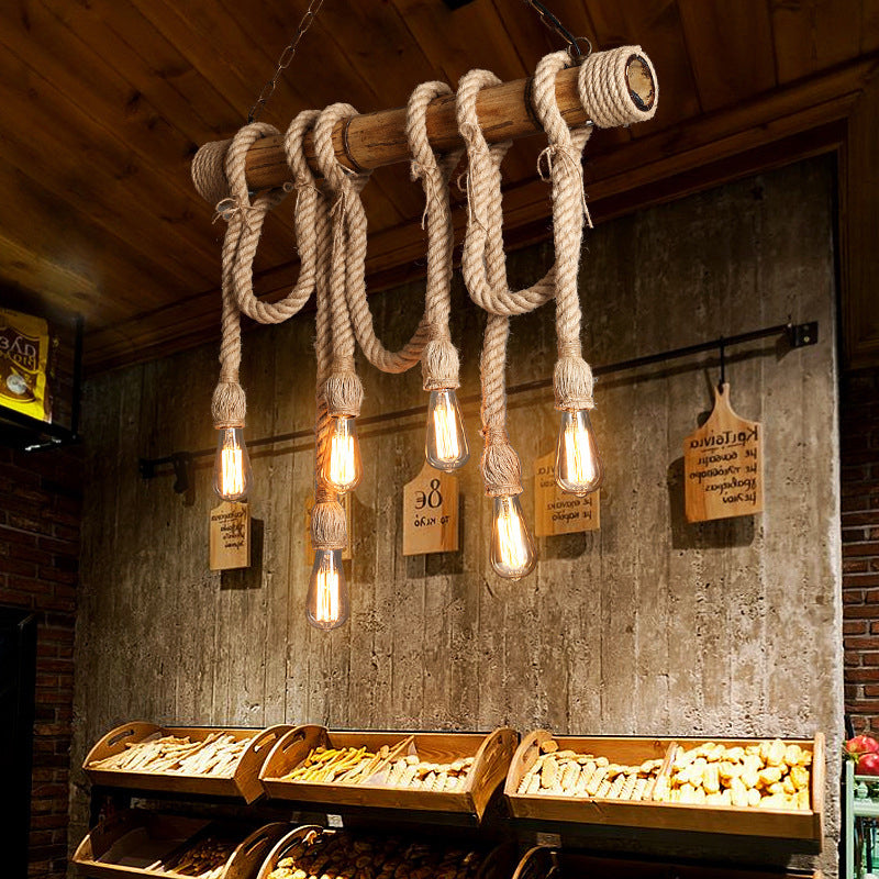 Industrial Adjustable Ceiling Lamp made of Bamboo with Rope