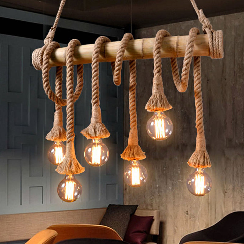 Industrial Adjustable Ceiling Lamp made of Bamboo with Rope