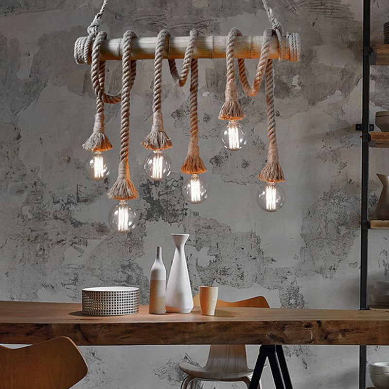 Industrial Adjustable Ceiling Lamp made of Bamboo with Rope