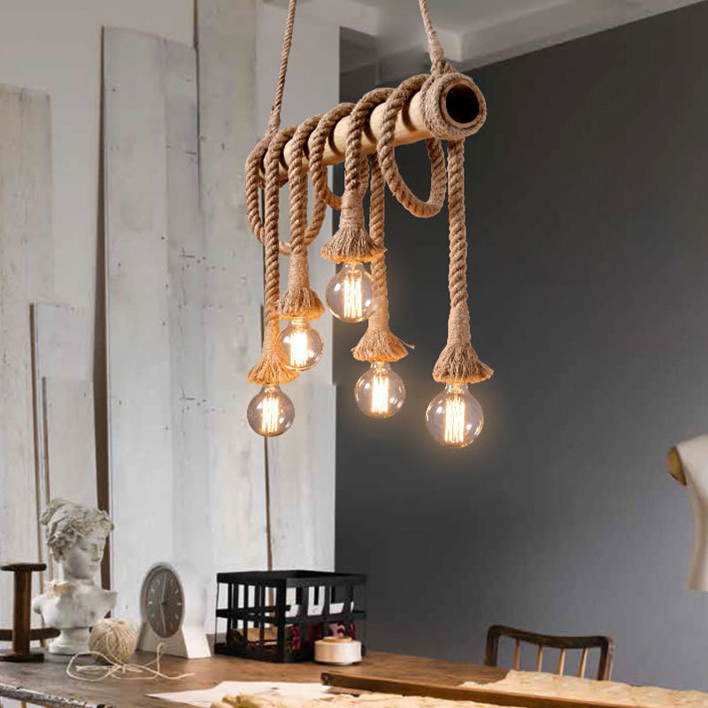 Industrial Adjustable Ceiling Lamp made of Bamboo with Rope