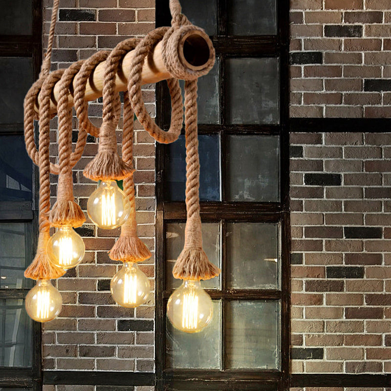 Industrial Adjustable Ceiling Lamp made of Bamboo with Rope