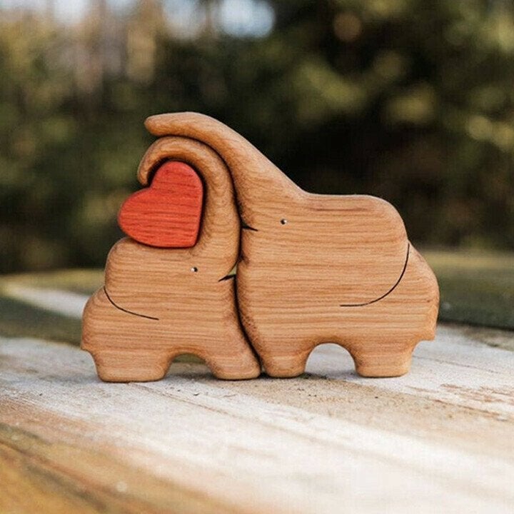 Decoration made of plush animals from hand-carved wood