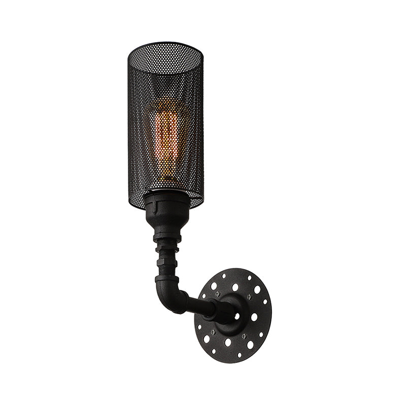 Metallic Cylinder Wall Lighting with Mesh Pattern Vintage Stylish 1 Light Restaurant Wall Mount Light in Black