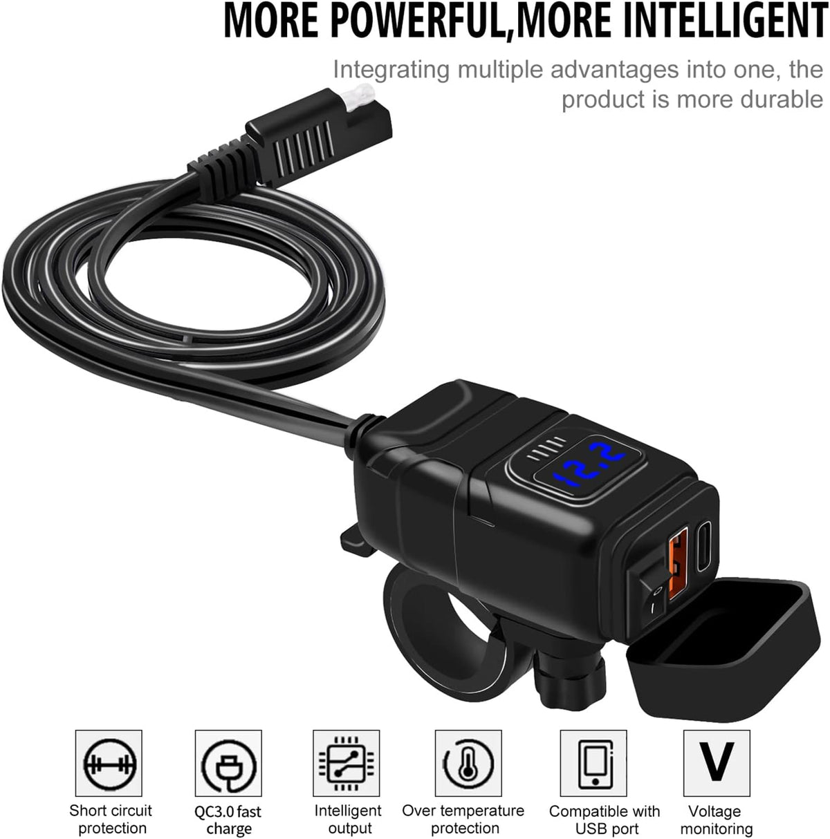 Motorcycle USB & Type-C Fast Charger with Voltmeter – Drayvik