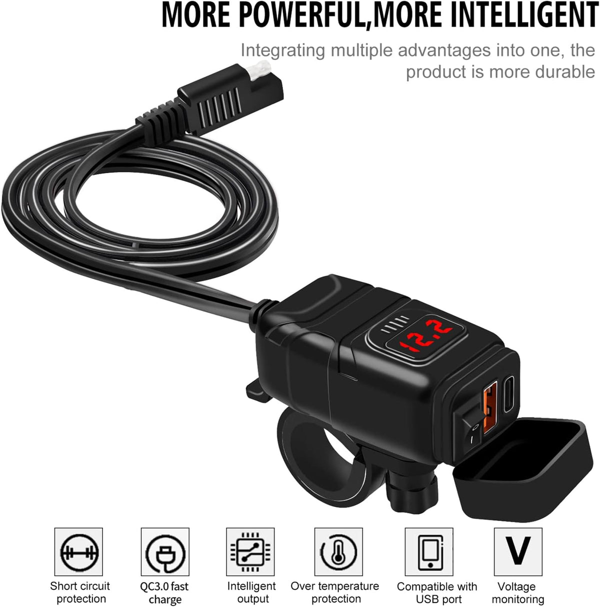 Motorcycle USB & Type-C Fast Charger with Voltmeter – Drayvik
