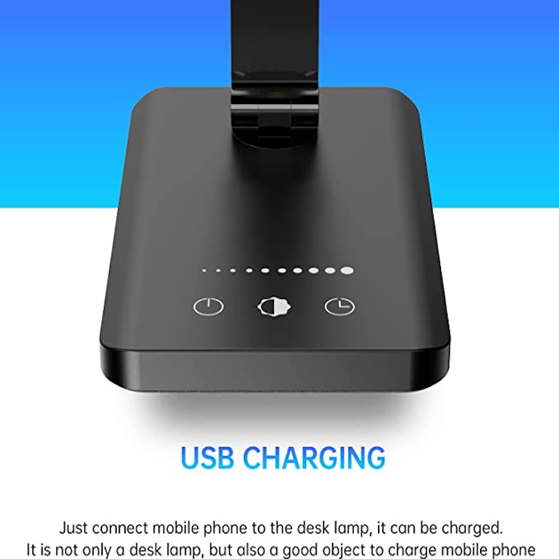 LED desk lamp with USB charging port, dimmable eye-friendly reading lamp for home, with 5 brightness levels & 3 light modes, touch control, auto timer (Black)
