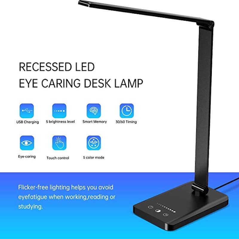 LED desk lamp with USB charging port, dimmable eye-friendly reading lamp for home, with 5 brightness levels & 3 light modes, touch control, auto timer (Black)