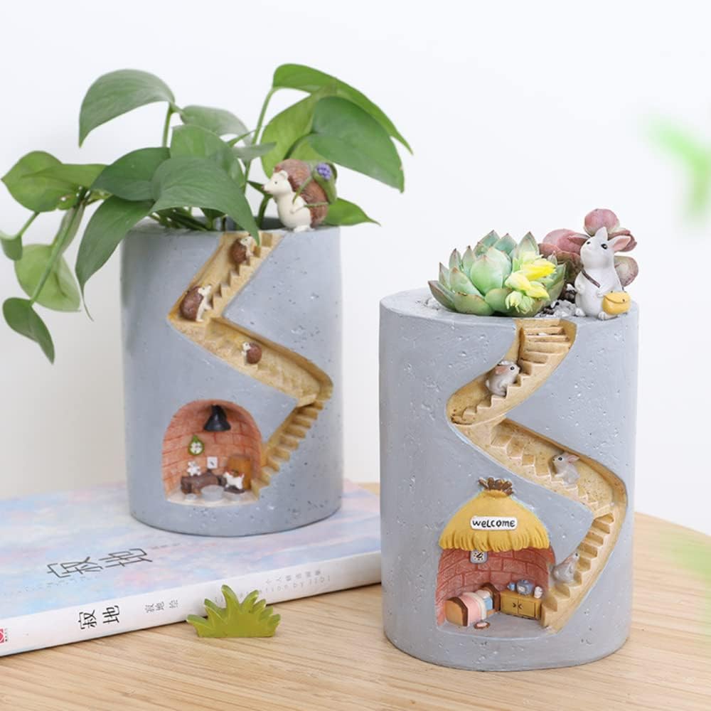 Decorative plant pot with hedgehog and rabbit miniature – Creative staircase design for plants