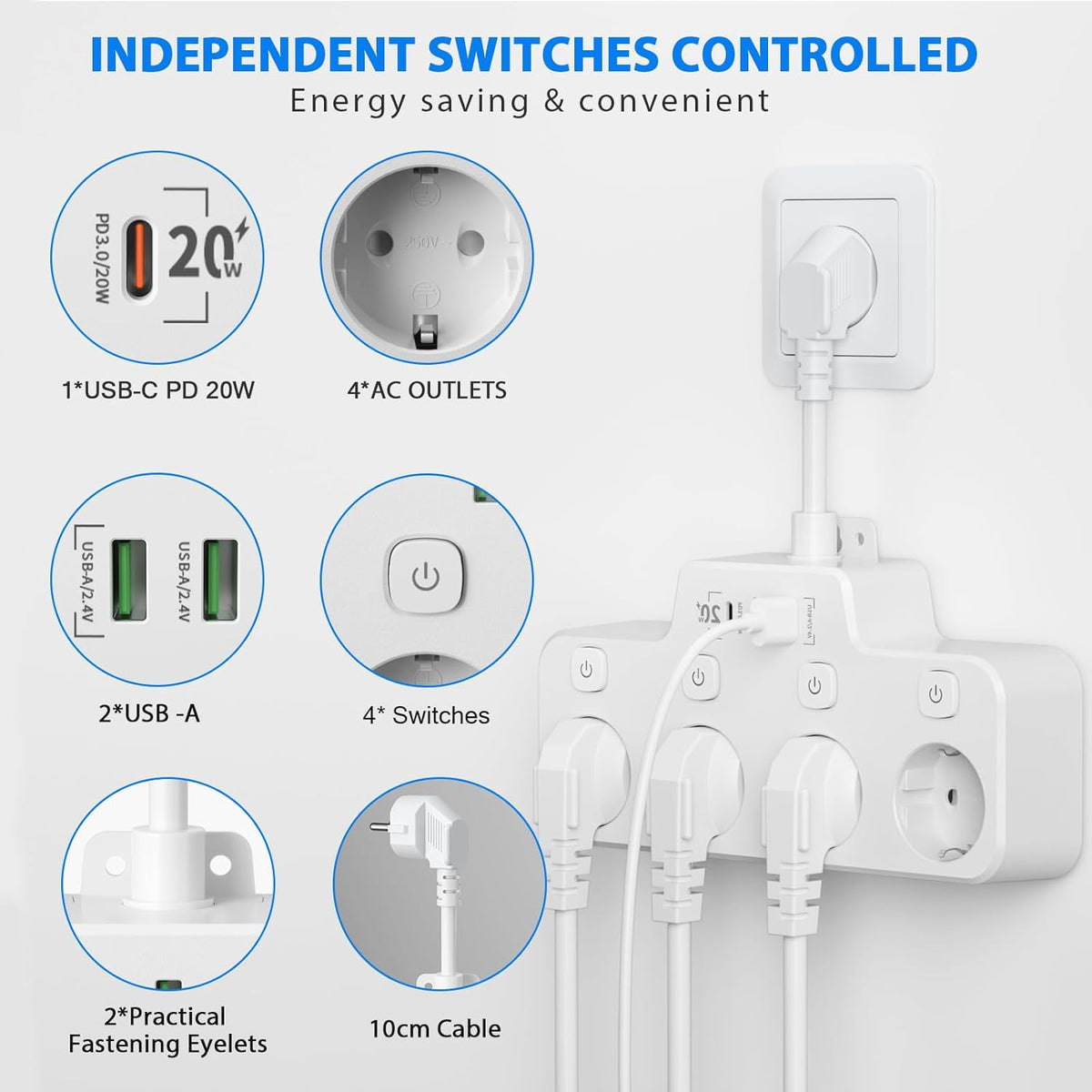 Swivel Wall-Mounted Power Strip with Independent Switches – 3 Outlets + 2 USB-A + 1 USB-C Ports