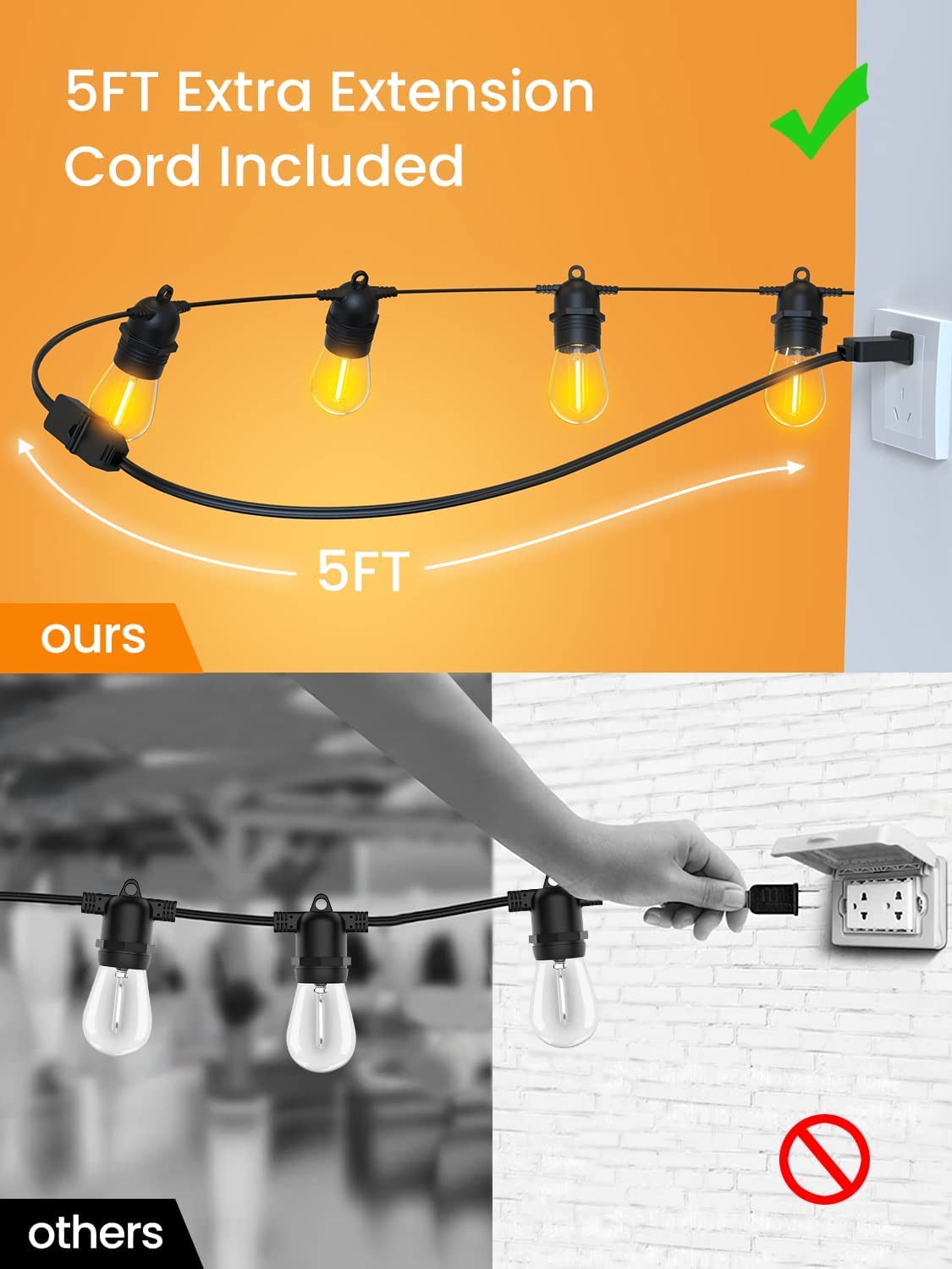 Festoon Lights Outdoor, 53FT/16M S14 Outdoor Garden LED String Lights, IP65 Waterproof Outdoor String Lights Main Power 2700K 15+1(Replacement) Bulbs for Outdoor Patio Terrace Yard Wedding Party