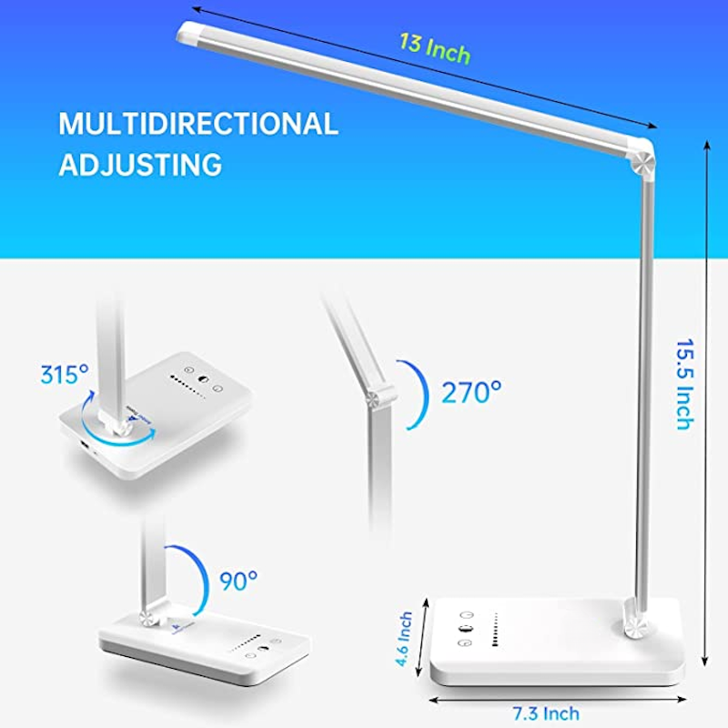 LED desk lamp with USB charging port, dimmable eye-friendly reading lamp for home, with 5 brightness levels & 3 light modes, touch control, auto timer (Black)